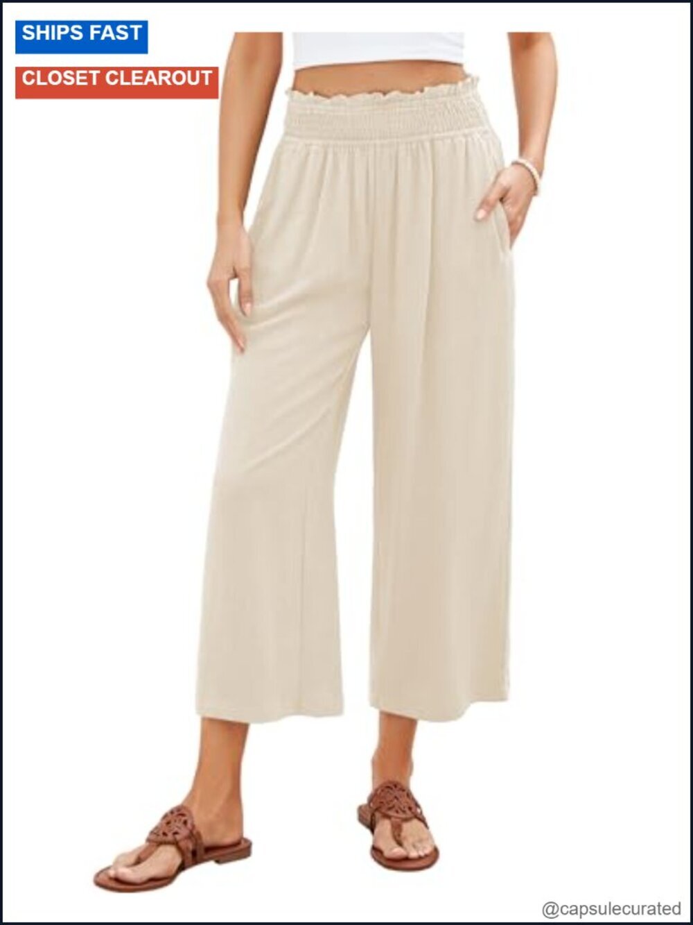 Wide Leg Linen Capri Pants High Waisted Palazzo Trousers Pull On Elastic Waist